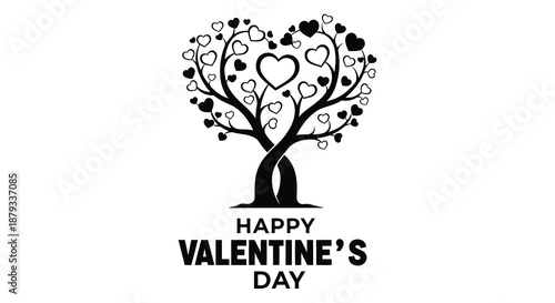 A heart shaped tree adorned with smaller hearts and valentine s message presented as a striking silhouette