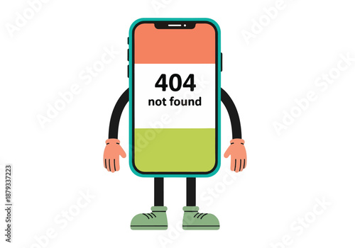 Smartphone character displaying '404 not found' error message