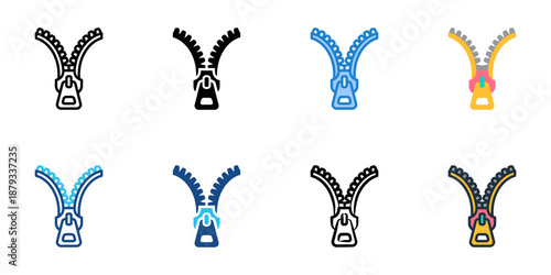 Zipper icons set multiple style collection. Editable stroke 
