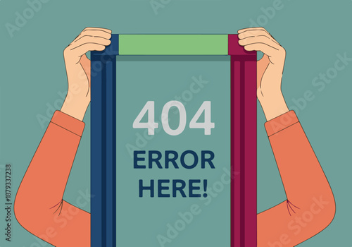 Human hands holding a digital frame displaying a 404 error message