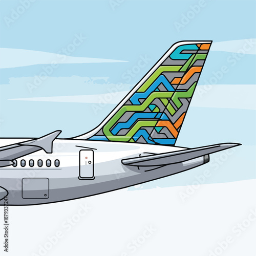 Airplane tail with colorful geometric pattern against blue sky