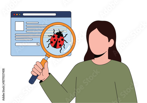 Person debugging software with magnifying glass, finding errors in web application