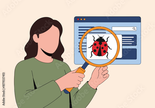 Person searching for software bugs with a magnifying glass on a computer screen