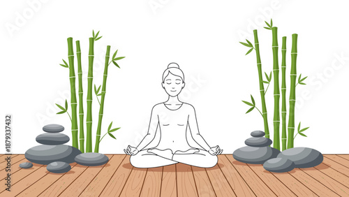 Serene Minimalist Vector Illustration of a Woman Meditating in Lotus Pose on a Wooden Floor with Green Bamboo and Zen Stones for Wellness and Mental Health.