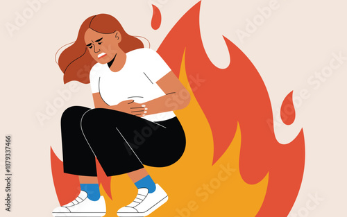 Woman experiencing severe abdominal pain surrounded by flames, illustrating intense emotional distress, anxiety, and discomfort in a graphic illustration