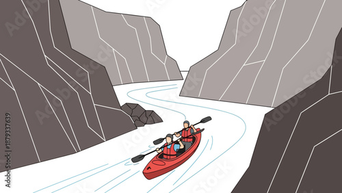 Minimalist Vector Illustration of Two People Paddling a Red Tandem Kayak through a Deep Rocky Canyon River Gorge for Outdoor Adventure and Active Lifestyle