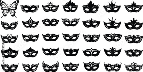 Black masquerade mask silhouettes collection, diverse carnival party eye masks with butterfly lace and floral shapes, isolated vector illustration holiday icons bundle.