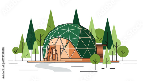 Modern geodesic dome cabin illustration in a serene forest setting, minimalist flat vector art featuring green pine trees and eco-friendly glamping architecture.