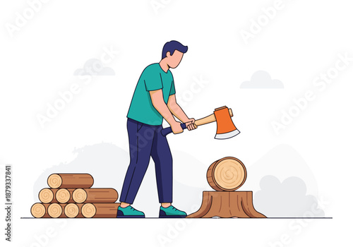 Man chopping wood with an axe, splitting logs for firewood illustration