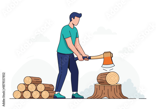 Man Chopping Wood with an Axe, Splitting Logs for Firewood
