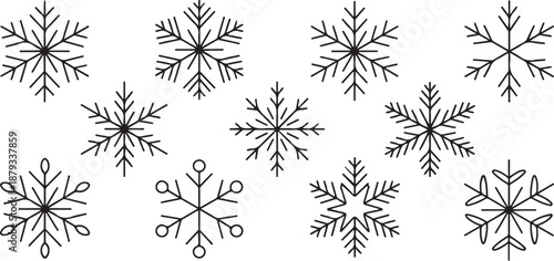 Set of Snowflake icons. Snowflake winter. Black snowflakes. one line Art icon drawing vector