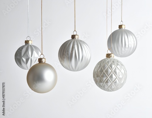 Elegant Silver Christmas Ornaments Hanging Against a White Background.