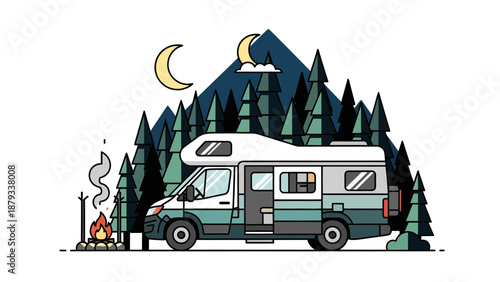 Modern Camper Van Illustration Parked in a Pine Forest at Night with a Campfire and Mountains Under Two Crescent Moons, Flat Vector Graphic for Travel Designs.