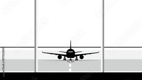 Minimalist black and white silhouette of a commercial airplane on the airport runway seen through a terminal window frame with a clean and modern design style.