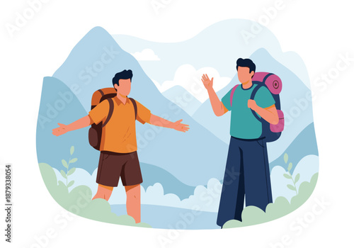 Two male hikers with backpacks greet each other in a mountain landscape