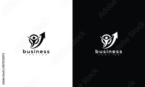 Corporate logo design showcasing a stylized business emblem with upward arrow on contrasting backgrounds