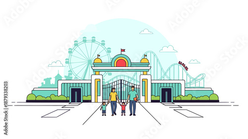 Family standing at the entrance of a colorful amusement park with a Ferris wheel and roller coaster in flat line art style for summer vacation travel concept.