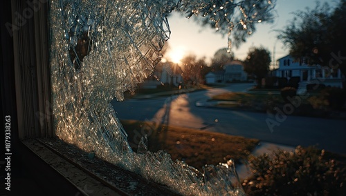 Sunrise viewed through a shattered window pane onto a suburban street