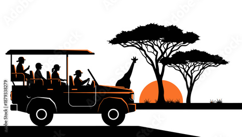 African Safari Adventure Silhouette Illustration Featuring Tourists in an Off-Road Vehicle Watching a Giraffe and Acacia Trees During a Vibrant Sunset Scene.