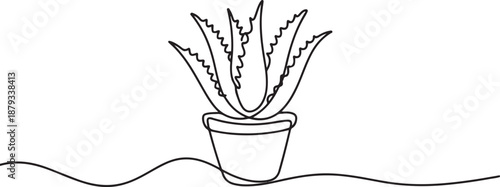 Continuous one line drawing of Aloe vera plant in the pot. Vector illustration. one line Art icon drawing vector