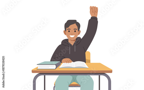A student sitting at a desk, raising his hand, surrounded by open books in a classroom setting from a front viewpoint