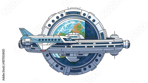 Futuristic spaceship shuttle docking at a circular space station orbiting planet Earth in a clean vector illustration style for science fiction and astronomy.