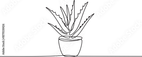Continuous one line drawing of Aloe vera plant in the pot. Vector illustration. one line Art icon drawing vector