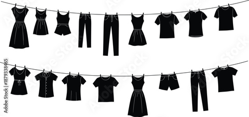 Clothes hanging on laundry line silhouettes with dresses, shirts, pants, and shorts, black and white illustration set representing fashion, household chores, cleaning, and everyday lifestyle themes