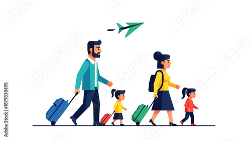 Flat Vector Illustration of a Happy Family Traveling Together with Suitcases and Luggage for a Summer Vacation Trip Journey on a Clean White Background Graphic.