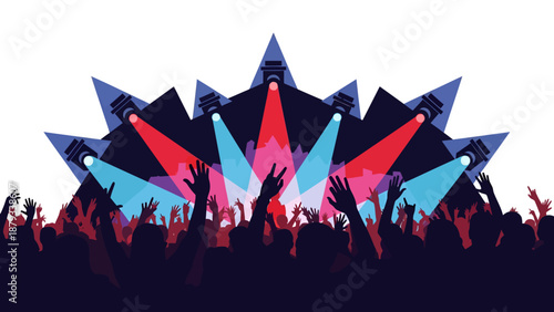 Vibrant music festival concert crowd silhouette with hands raised in excitement under bright red and blue stage spotlights during high-energy live performance.