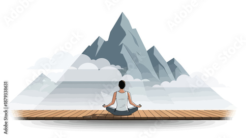 Minimalist Illustration of a Person Meditating on a Wooden Deck Facing a Majestic Mountain Landscape with Clouds for Peace, Wellness, and Mental Health Art.