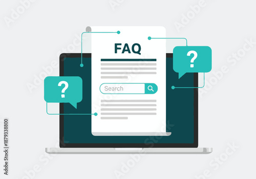 Frequently Asked Questions (FAQ) on laptop screen with search bar and question marks