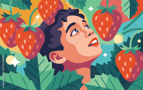 A young man gazing upwards surrounded by lush green leaves and ripe strawberries in a vibrant illustration