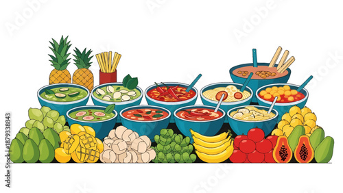 Colorful Vector Illustration of a Tropical Asian Food Buffet Featuring Bowls of Spicy Soup, Fresh Pineapple, Mango, Papaya, Bananas and Avocado on White Background
