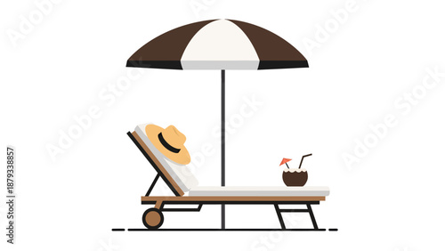 A flat vector illustration of a beach lounge chair with a straw hat under a striped sun umbrella, featuring a tropical coconut cocktail on a white background.