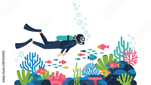 Flat Vector Illustration of a Scuba Diver Exploring a Vibrant Coral Reef with Colorful Tropical Fish and Bubbles, Perfect for Marine Life and Ocean Travel Topic
