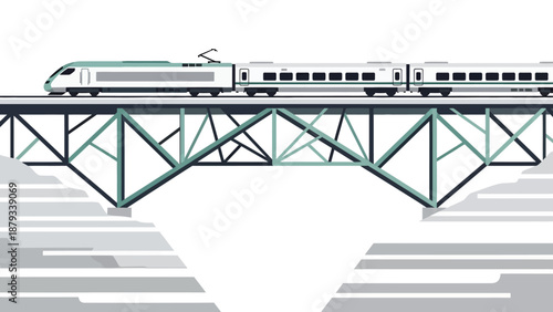 Minimalist Vector Art of a Sleek High-Speed Commuter Train Traveling Across a Large Metal Bridge Structure, Sustainable Rail Transport and Urban Connectivity Concept.