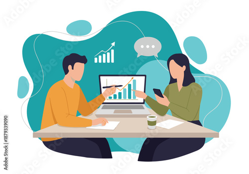 Business professionals analyzing growth data and progress on laptop