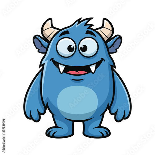 Blue cartoon monster with horns and fangs smiling happily