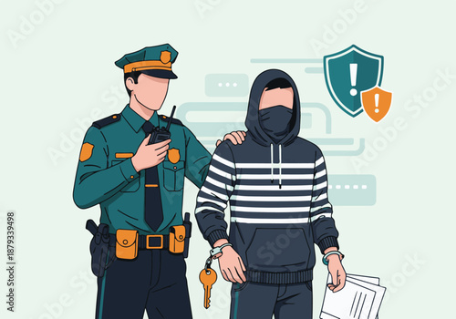 Law enforcement officer apprehending a masked suspect in handcuffs