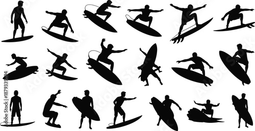 Black surfer silhouettes collection, diverse surfing 