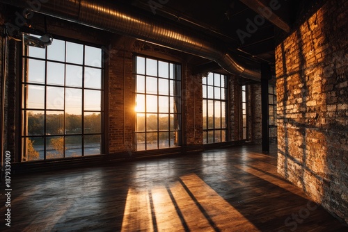 Wallpaper Mural Sunlight streams through large industrial windows onto a wooden floor Torontodigital.ca