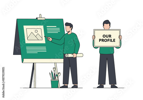 Business Profile Presentation. Man explains on easel, another holds 'Our Profile' sign.