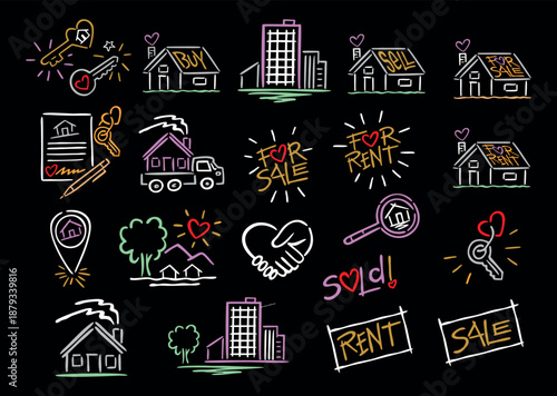Illustration of a set of stylized icons for real estate agencies.
