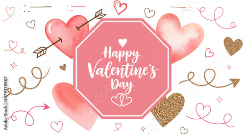 Happy Valentine's Day Festive Banner with Watercolor Hearts Gold Glitter for Romantic Social Media Marketing
