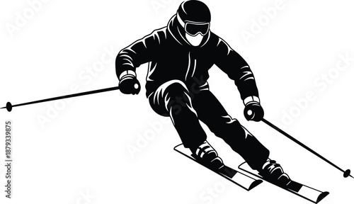 Dynamic alpine skier silhouette illustration performing fast downhill turn with ski poles, winter sports action concept, minimal black and white graphic design style