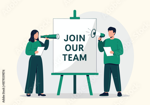 Join Our Team recruitment: man with megaphone, woman with telescope