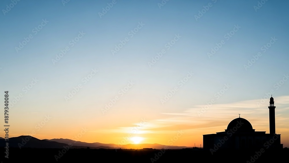 Obraz premium Mosque Silhouette at Sunset with Minaret.