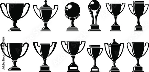 Black Trophy Cup Silhouette Set, Winning Award Icons for Sports Competition, Victory Achievement Symbols, Gold Prize Champion Rewards, Success Recognition Vector Illustration Graphic, Isolated