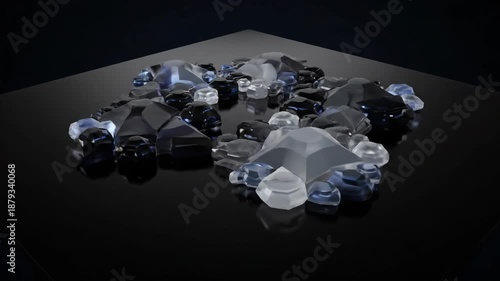 Melting ice cubes pile reflecting on a dark glossy surface.